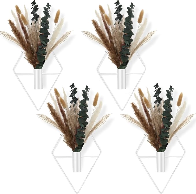 Jexine 4 Pcs Hanging Planters with Artificial Pampas White Metal Hanging Vase Indoor Plants Holder Modern Geometric Boho Bathroom Wall Decor for Living Room Home Office by Jexine