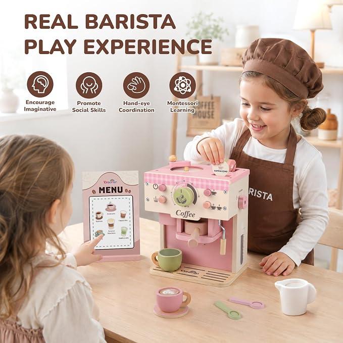 Dreamon Toy Coffee Maker Wooden Kitchen Accessories for Kids Pretend Play | Realistic Kids Coffee Playset with Moving Parts, Montessori Kitchen Toys for 3 4 5 Year Old Boys & Girls Birthday Gifts, Pink - Image 2