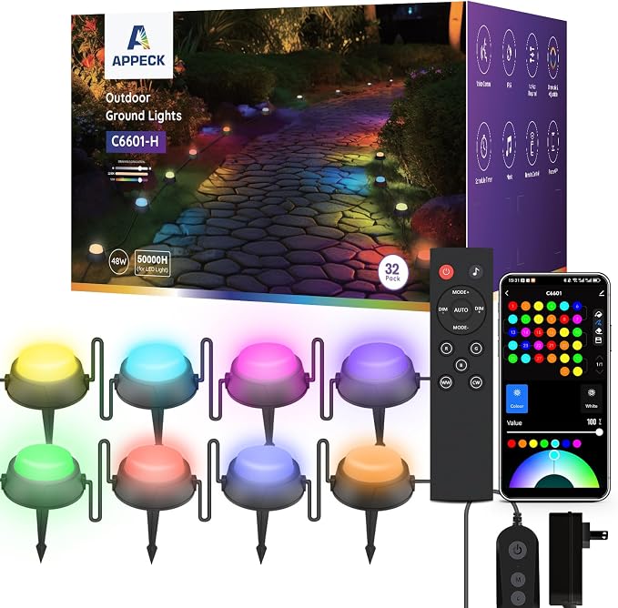 APPECK Outdoor Ground Lights 32 Pack, 100FT RGBW Pathway Lights Wired | 2200K Warm White Landscape Lighting, IP65 Waterproof, Color Changing, Garden Lawn Path, Holiday Decor, App/Remote Control by APPECK