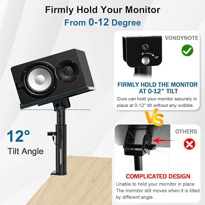 Vondynote Pair of Studio Monitor Stands Desk Clamp Speaker Stands 12°Tilt | Heavy Duty, 10.4"-15.4" Height Adjustable, for Monitor Speakers Laptop Projector CD Player - Image 3
