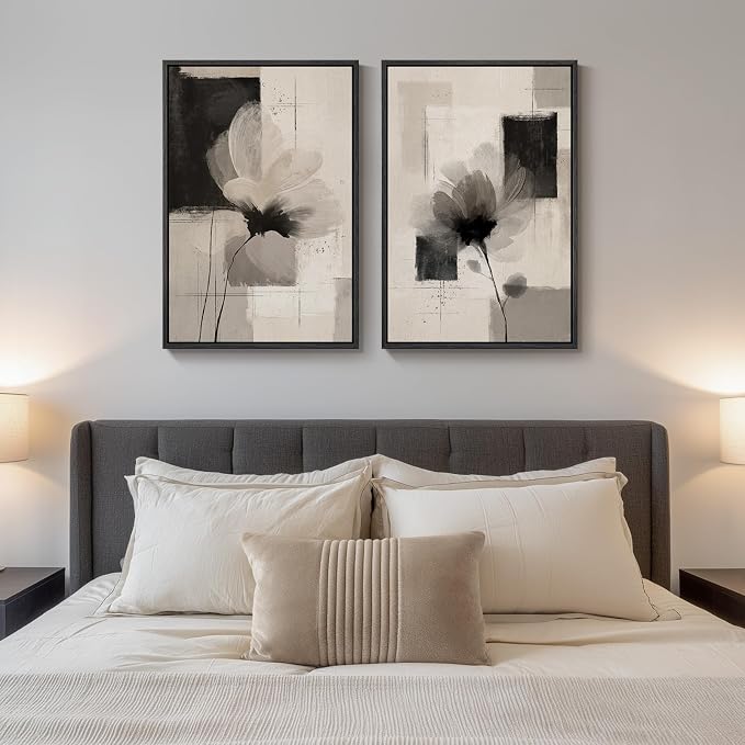 Framed Neutral Abstract Floral Wall Art, 2 Piece Black and Beige Minimalist Canvas Prints Paintings Artwork for Walls, Modern Elegant Pictures for Living Room Dining Room Bedroom Wall Decor 20x30 In - Image 2