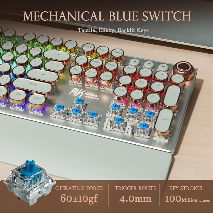 RK ROYAL KLUDGE X108 Typewriter Style Mechanical Keyboard, Wired Gaming Keyboard 108 Keys RGB Backlit Sidelight, Detachable Wrist Rest, Volume Knob, Retro Round Keycaps Blue Switches - Green - Image 4