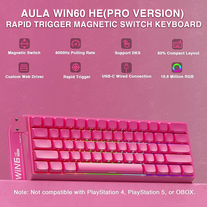 AULA WIN60 HE PRO 60% Mechanical Gaming Keyboard Wired, Magnetic Switch Hot Swappable, Adjustable Actuation Rapid Trigger Mode, 8000Hz Polling Rate, RGB Small Keyboard 60 Percent Compact Design for PC - Image 2
