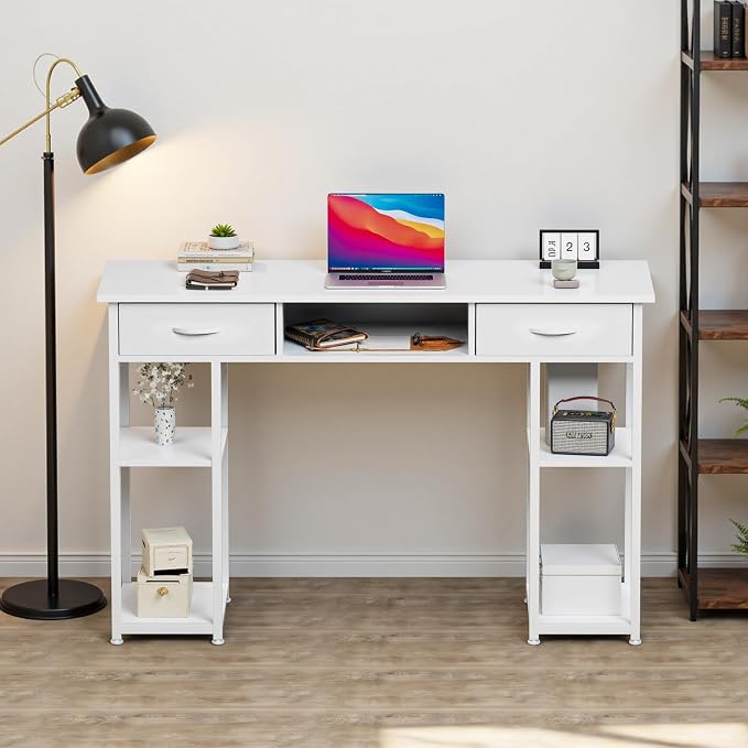 OLIXIS Desk with Storage, Computer Desk, Fabric Drawers | Home Office Work Table, Study Gaming Writing Table, Bedroom Small Space, White - Image 7