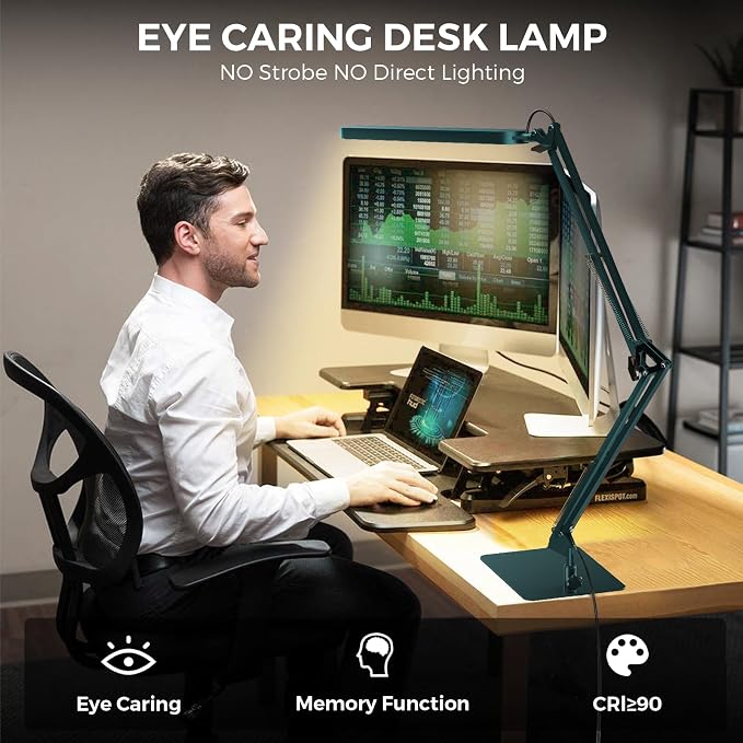 SKYLEO LED Desk Lamp with Slim Base - Adjustable Swing Arm Desk Light, Dimmable, Timer, Eye Protection, Memory Function, 1300LM, 12W, Green - Image 5