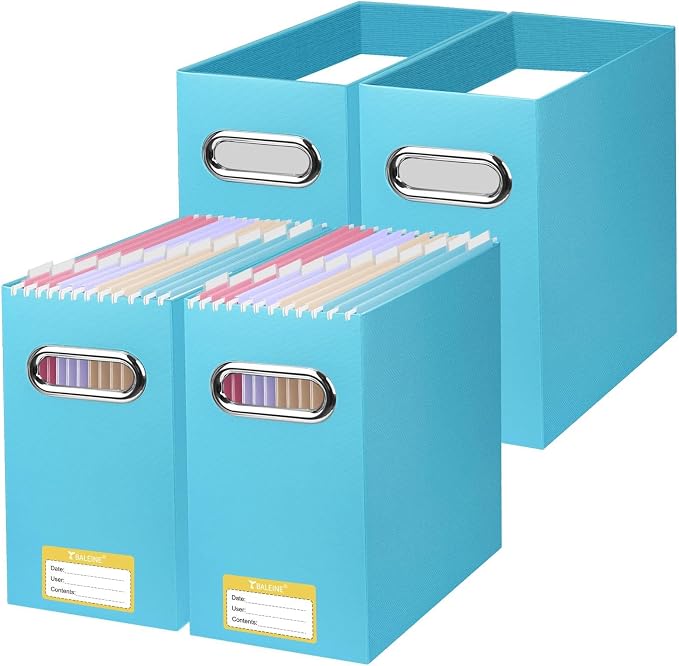 BALEINE File Organizer Box, Cardboard File Folder Organizer with Handle for Letter Size, Portable Collapsible Hanging Filing Box for Home Office Document Storage (4 Pack, Blue) by BALEINE