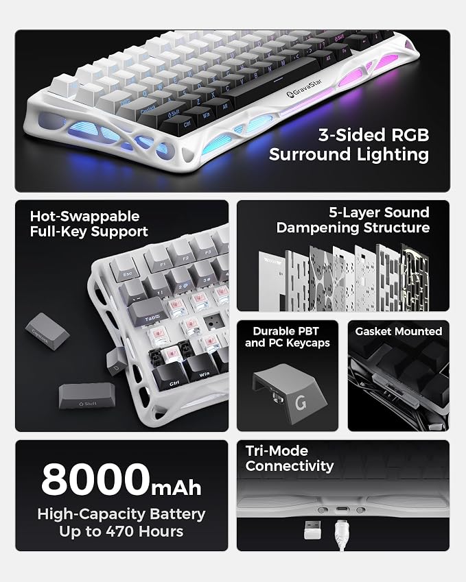 GravaStar Mercury K1 75% Wireless Mechanical Gaming Keyboard RGB Backlit | Gasket Mount, Hot Swappable Linear Switches, Creamy Sound Keyboard, 2.4GHz/USB-C/Bluetooth 5.0, for Win/Mac【Gradient White】 - Image 6