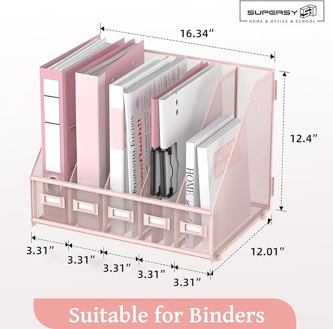 SUPEASY Desk Organizers Metal Desk Magazine File Holder with 5 Vertical Compartments Rack File Organizer for Office Desktop, Classroom, Home Workspace, Pink Plus - Image 3