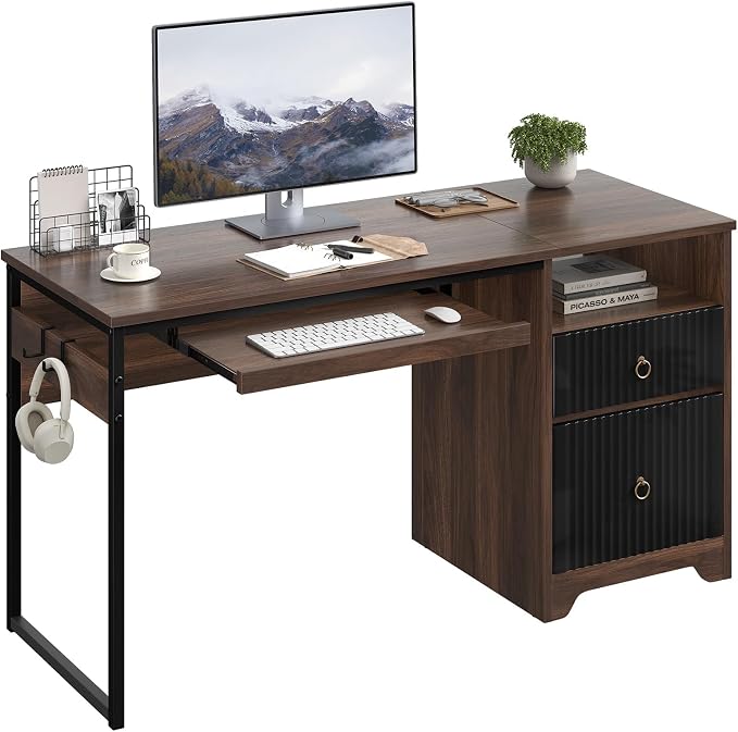 Bestier 55 Inch Wood Computer Desk with File Drawer & Keyboard Tray, Cherry | Fluted Panels, Ring Handles, File Drawer Letter/Legal, Storage Drawer, Keyboard Tray, Reversible, 2 Hooks, 150 Lbs, P2 Board by Bestier