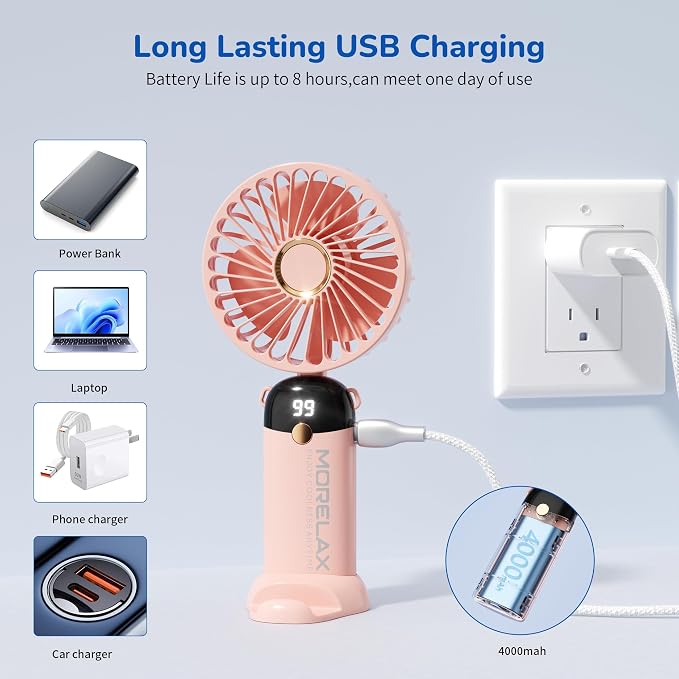 Morelax Handheld Mini Fan,USB Rechargeable Fodable Personal Fans 4000mAh,90 Adjustable, 6 Speed Strong Wind,Portable Fan Pocket Design 5 IN 1Cooling Table Fan for Office School Outdoor Travel,Pink - Image 3