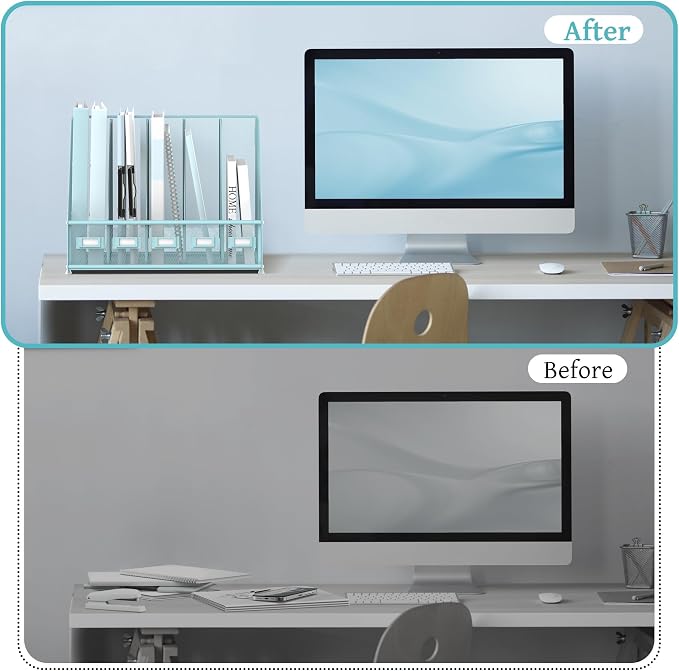 SUPEASY Desk Organizers Metal Desk Magazine File Holder with 5 Vertical Compartments Rack File Organizer for Office Desktop, Classroom, Home Workspace, Blue - Image 5