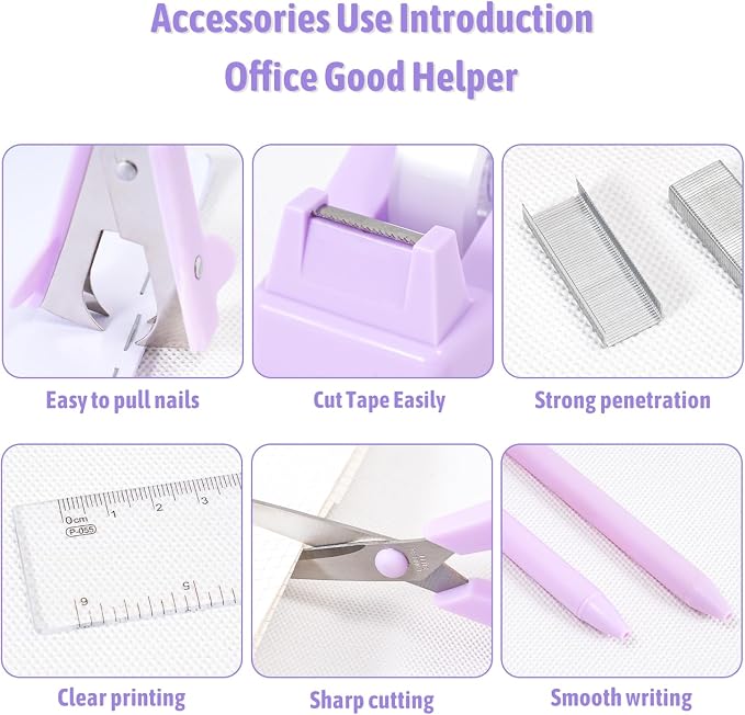 Gawsey Purple Desk Organizers and Accessories with Desk Organizer 360° Rotating Pen Holder and Office Supplies, Cute Stationery Supplies Set - Image 6
