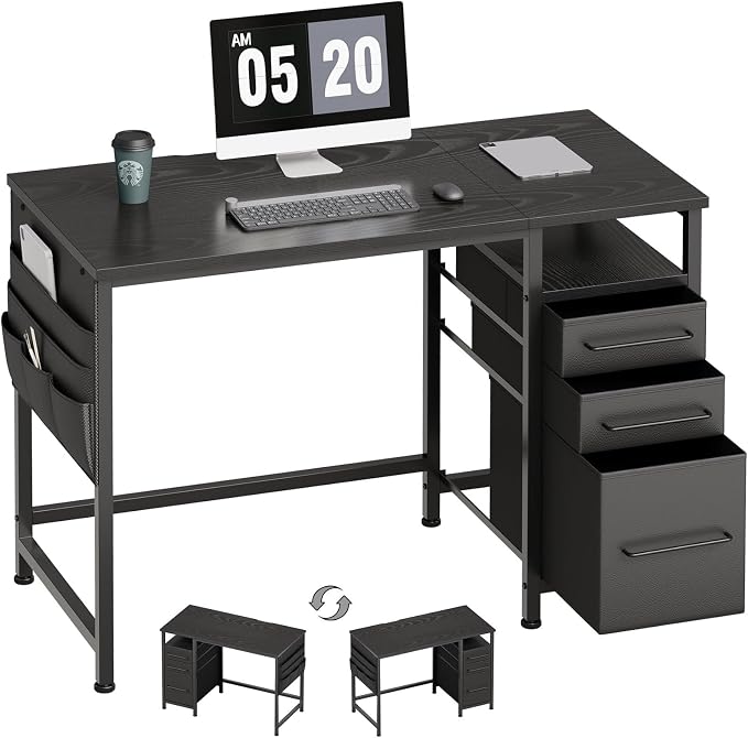 Maihail Small Desk with Drawers, Office Desk with Storage Shelves, Black | 40 Inch Desktop, Metal Frame, 3 Fabric Drawers, Storage Shelves, Computer & Writing Desk, Office Gaming Workstation by Maihail