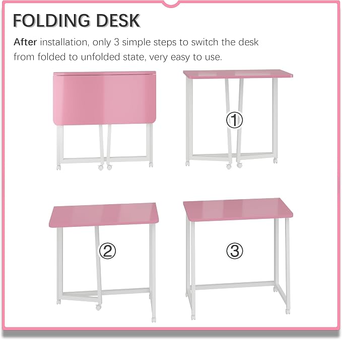 4NM 23.6" Mobile Small Folding Desk, Foldable Rolling Computer Home Office Desk, Study Writing Table for Small Space Saving Bedroom, with Wheels - Pink and White - Image 6