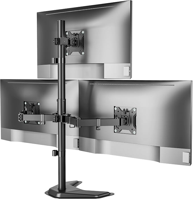 monTEK Freestanding Triple Monitor Stand for 17-32" Screens, 22 lbs Each | Solid V-shaped base, three-screen full-motion arms, height adjustment, tilt, swivel, rotation and VESA 75/100 by monTEK