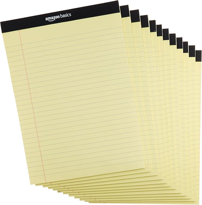 Amazon Basics Wide Ruled Lined Writing Pads, 8.5" x 11.75", Canary, 12-Pack of 50 Perforated Sheets, Sturdy Backing by AmazonBasics