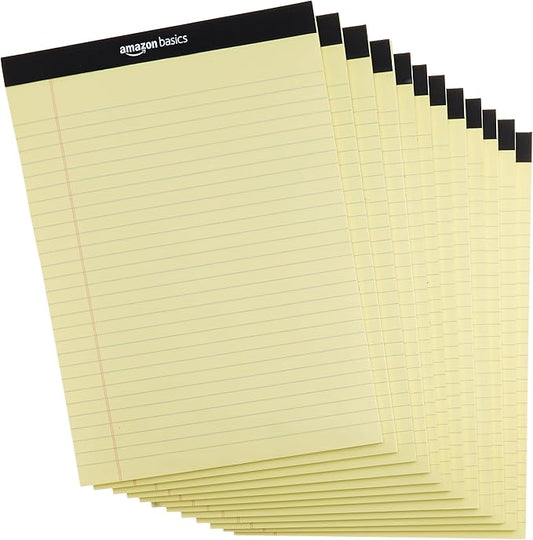 Amazon Basics Wide Ruled Lined Writing Pads, 8.5" x 11.75", Canary, 12-Pack of 50 Perforated Sheets, Sturdy Backing by AmazonBasics