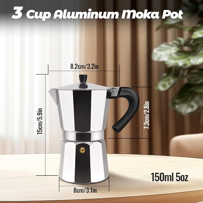3 Cup Aluminum Moka Pot Classic Stovetop Espresso Coffee Maker 150ml 5oz Coffeemaker Percolator Mocha Pot Greca Coffee Maker Cafe Makers for Italian and Cuban Café Brewing Silver - Image 2