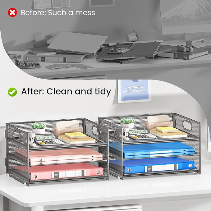 Subekyu 2-Pack 3-Tier Gray Metal Mesh Desk Paper Letter Tray & File Sorter Organizer with Handle + 1 Sliding Tray for Desk, Home, Office, School Supplies, A4 Paper and Accessories Storage - Image 2