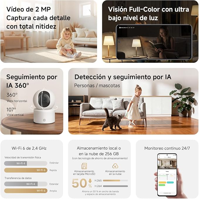 XIAOMI Smart Camera C201, 1080p Indoor Security Camera with Physical Lens Shielding, 360° Panoramic View, AI Human & Pet Detection, Full-Color Night Vision, Wi-Fi 6, Works with Google Assistant, 1pack - Image 2