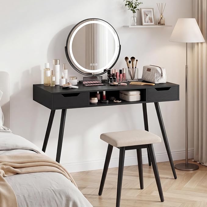 Giantex Mid Century Modern Computer Desk with Drawers, 42.5" Writing Desk with Open Storage Cubby, Vanity Table with Metal Leg, Compact Wooden Study Table for Small Spaces Home Office (Black) - Image 8