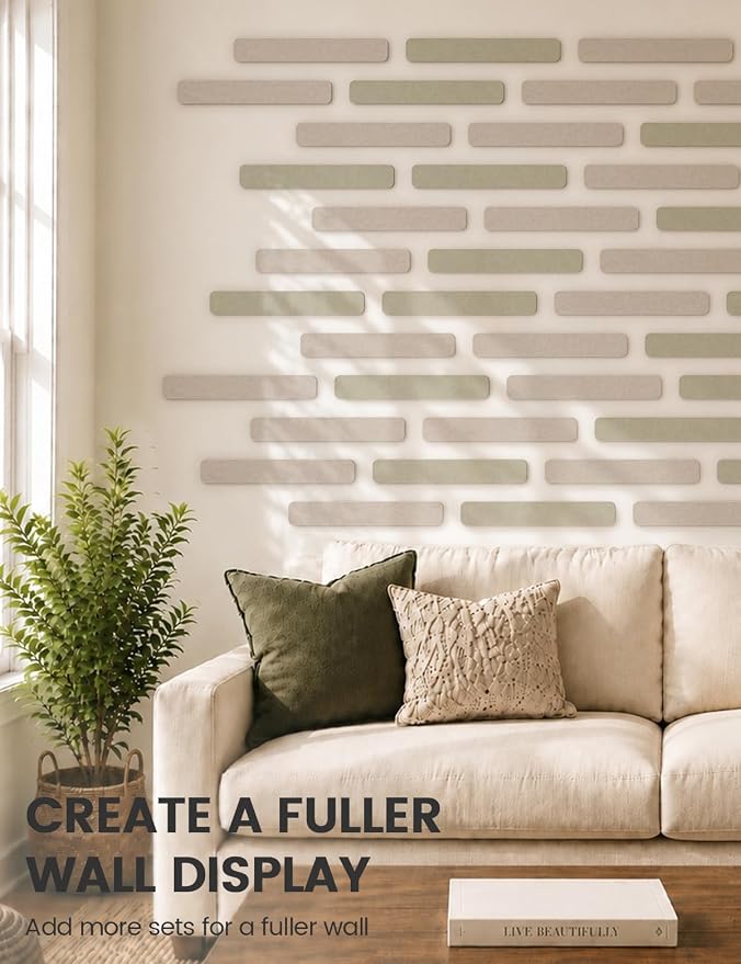 Fluxynara 13" x 2" Felt Wall Panels, Oatmeal | 5-Pack Cork Board Alternative with 35 Push Pins, Adhesive Mounting for Bedroom Door or Home Office - Image 7