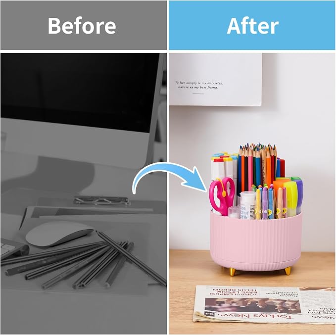 Marbrasse Desk Organizer, 360-Degree Rotating Pen Holder, Desk Organizers and Accessories with 5 Compartments Pencil Organizer, Art Supply Storage Box Caddy for Office, Home(Pink) - Image 7