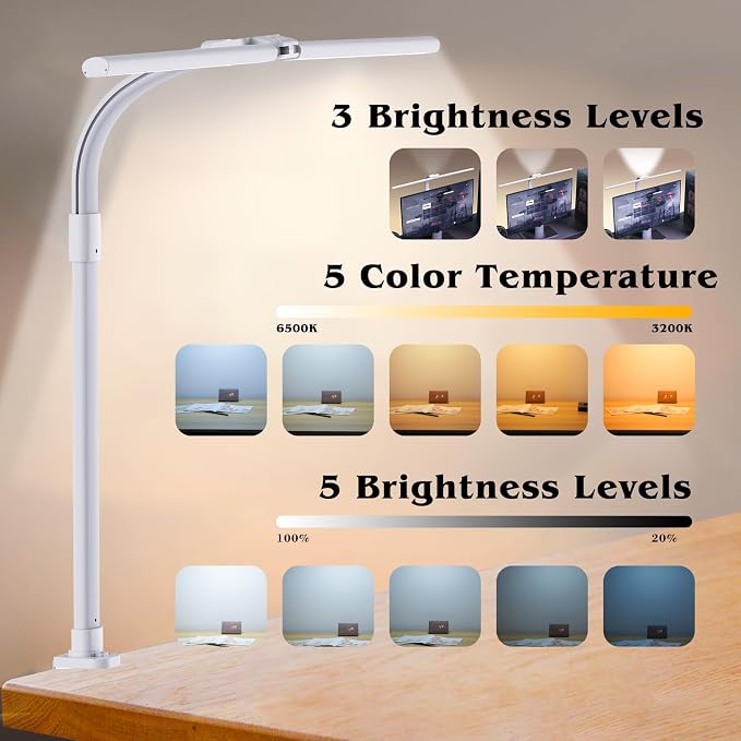 AKRRYR Led Desk Lamp for Home Office,24W Bright Eye-Caring Desk Light with Clamp,5 brightness and 5 temperatures Dimmable Workbench Task Light, Adjustable Gooseneck Table Lamp for Monitor Study(white) - Image 2