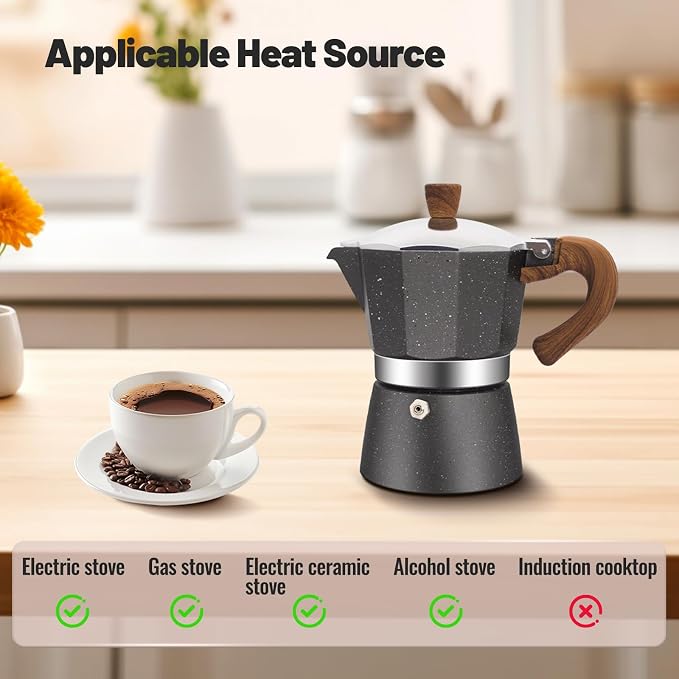 6 Cup Aluminum Moka Pot Classic Stovetop Espresso Coffee Maker 300ml 10oz Coffeemaker Percolator Mocha Pot Greca Coffee Maker Cafe Makers for Italian and Cuban Café Brewing Gray - Image 4