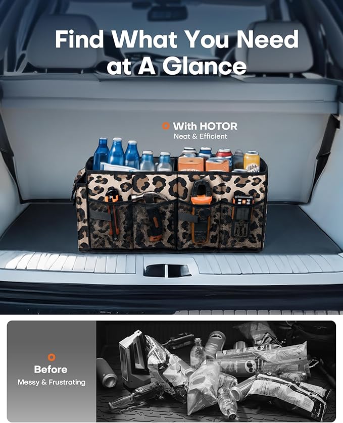 HOTOR Trunk Organizer - Car Organizer, Foldable Trunk organizer for SUVs & Sedans, Sturdy Car Organization for Car Accessories, Tools, Sundries, Leopard, 2 Compartments, 21.3"×12.6"×10.6" - Image 6