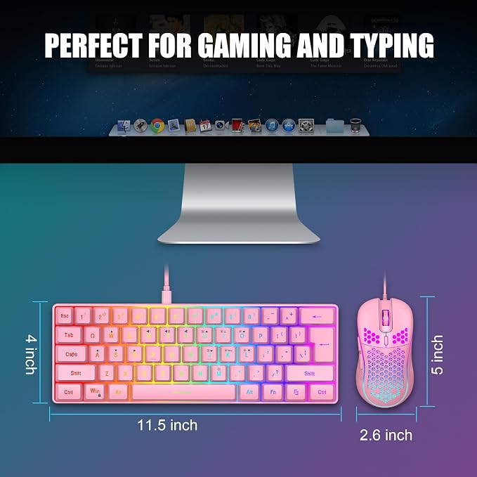RedThunder 60% Gaming Keyboard and Mouse Combo, Ultra-Compact 61 Keys RGB Backlit Mini Keyboard, Lightweight 7200 DPI Honeycomb Optical Mouse, RGB Wired Gaming Set for PC MAC PS5 Xbox Gamer(Pink) - Image 6