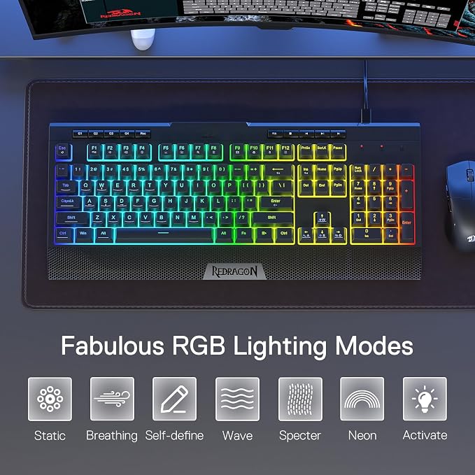 Redragon K525 RGB Backlit 104 Keys Wired Membrane Gaming Keyboard w/ 5 Multimedia Keys & 4 Extra On-Board Macro Keys, Dedicated Media Control, Ergonomic Wrist Rest, Linear Mechanical-Feel Switch - Image 8