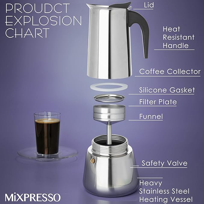 Mixpresso 12 Cup Greca Moka Pot, Stainless Steel Stovetop Espresso Maker | 600ml/20oz Italian stovetop coffee maker with classic percolator design, ideal for preparing coffee at home or while camping - Image 4