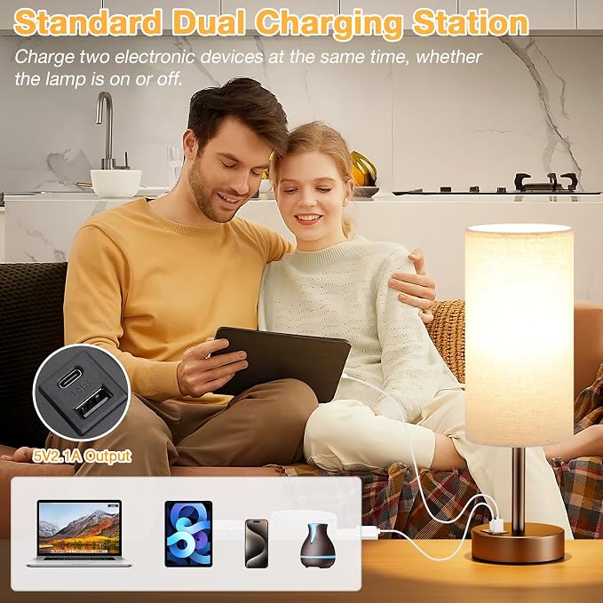 Dicoool Bedside Table Lamp for Bedroom - 3-Way Dimmable Touch Lamp, USB A+C | LED Bulb Included, 14" Small Nightstand Lamp for Desk, Living Room, Guest Room, Beige Fabric Lampshade, Brown Metal Base - Image 4