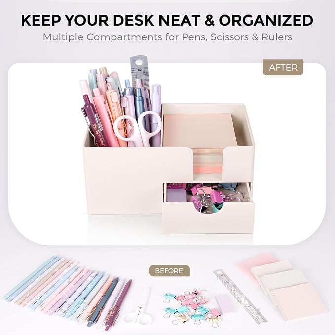 SKYDUE Small Desk Organizer with Drawer | 3 Compartments, Pen Holder for Desk, For Home, School, Office & College Dorm Room - Image 6