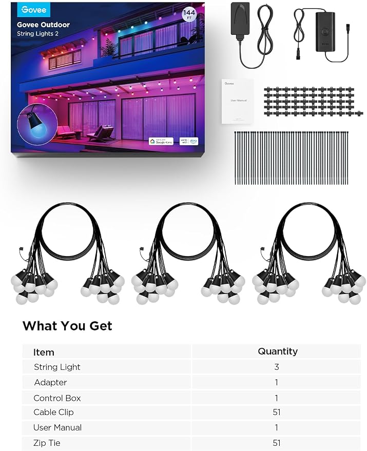 Govee Smart Outdoor String Lights 2, 144ft RGBIC Patio Lights with 45 Bulbs | Dimmable Warm White LED Bulbs, IP65 Waterproof, 47 Scene Modes for Backyard, Balcony, Work with Alexa, App Control - Image 9