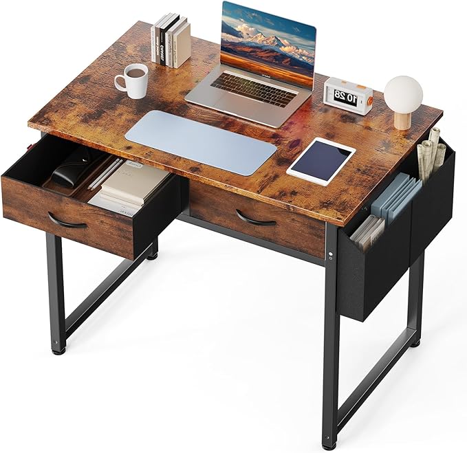 DUMOS 32" Home Office Computer Desk with Drawers, Small Gaming Writing Study Table with Storage Side Bag, Headphone Hook and Adjustable Feet for Bedroom Rustic Brown by DumosLifestyle