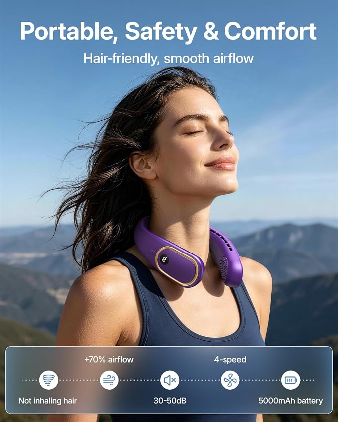 SHEWIND Portable Neck Fan - 5000mAh Rechargeable Hands-Free Wearable Fan | 4 Speeds, Bladeless & LED Display | Personal Cooling Fan for Travel, Outdoors, Camping - Purple - Image 2