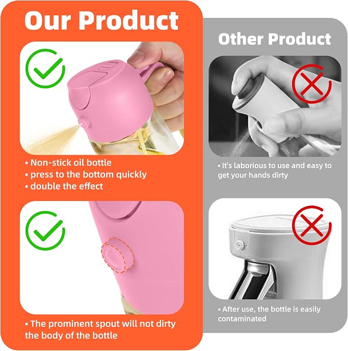 TrendPlain 16oz/470ml Glass Olive Oil Sprayer for Cooking - 2 in 1 Olive Oil Dispenser for Kitchen Gadgets, Air Fryer, Salad, and BBQ - Bubblegum - Image 7