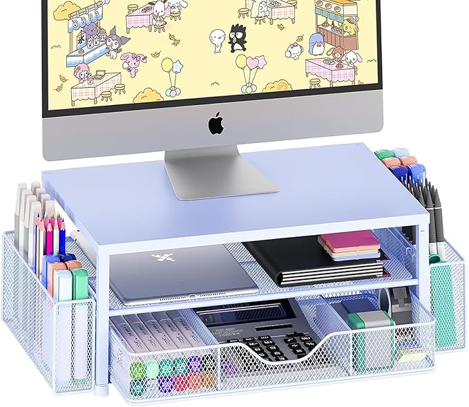 OPNICE Desk Organizers and Accessories, 2-Tier Computer Monitor Stand Riser with Drawer and 2 Pen Holders, Laptop Stand, Office Desk Accessories for Office Supplies, Blue by OPNICE