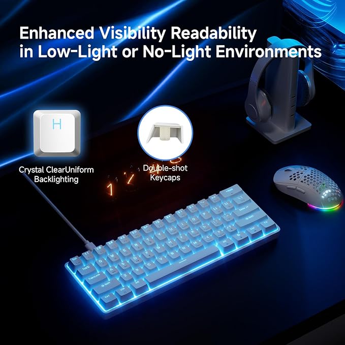 TMKB 60% Mechanical Gaming Keyboard, Red Linear Switch, Wired, White | LED Backlight, Anti-Ghosting, Detachable USB-C, Double-Shot Keycaps, 61 Keys - Image 4