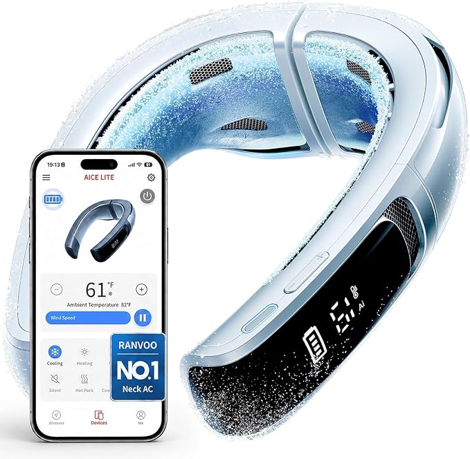 RANVOO AICE LITE MAX 2026 Real AC Cold Blast [No.1 Coolest & Most Durable] AI Neck Air Conditioner, Best Immersive Neck Cooler, 6000 mAh Rechargeable Neck Fan Blow Cold Air, Summer Gifts for Mom White by RANVOO