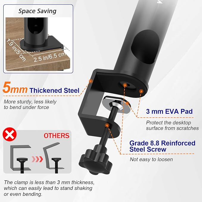 Vondynote Pair of Desktop Clamp Speaker Stands 12°Tilt, Cable Management | Heavy Duty Studio Monitor Stands, 12°Tilt, 13"-16.8" Height Adjustable, Cable Management - Image 5