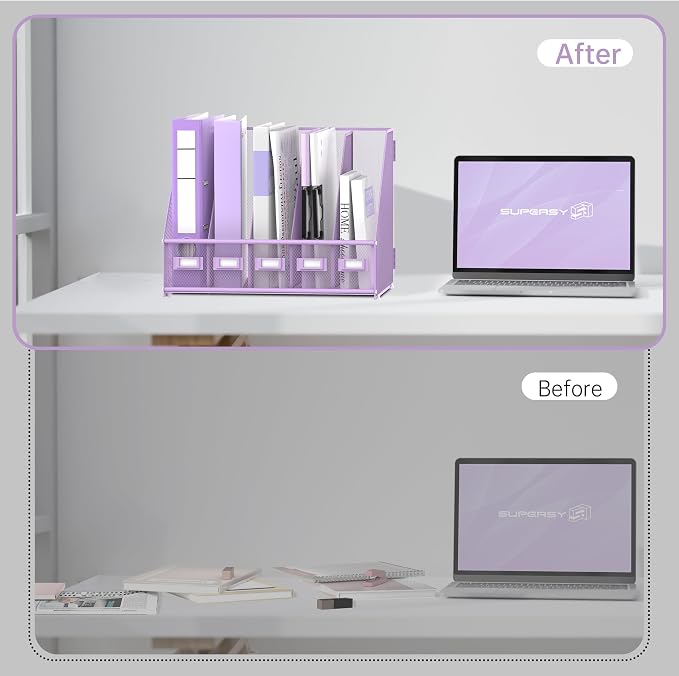 SUPEASY Desk Organizers Metal Desk Magazine File Holder with 5 Vertical Compartments Rack File Organizer for Office Desktop, Classroom, Home Workspace, Purple Plus - Image 5