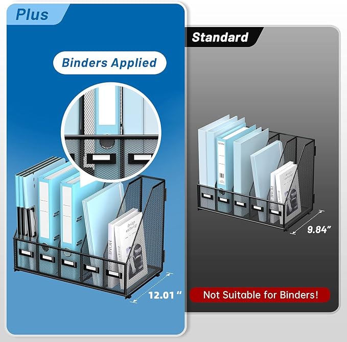 SUPEASY Desk Organizers Metal Desk Magazine File Holder with 16''x12''x12'' 5 Vertical Compartments Rack File Organizer for Office Desktop, Classroom, Home Workspace, Black Plus - Image 5