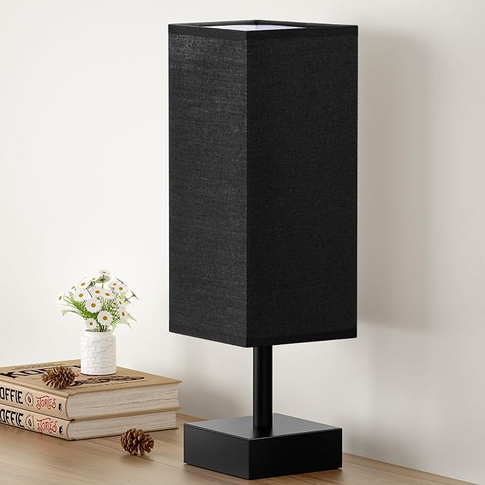 aooshine Small Bedside Table Lamp for Bedroom - Square Black Fabric Shade | Inline Rocker Switch, Corded Electric, Bulb Not Included, 12.8" Mini Table Lamp for Nightstand, Desk, Dorm, Office by Aooshine