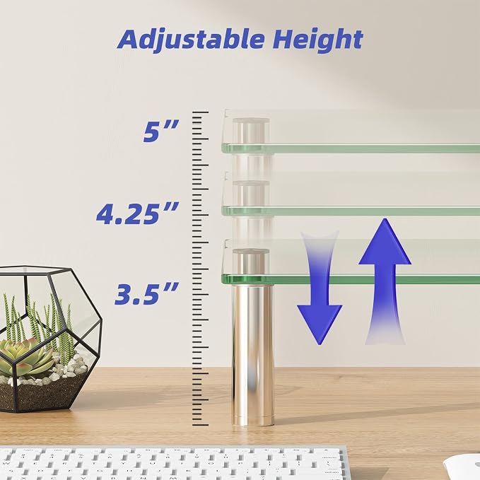 Simple Trending 2-Pack Tempered Glass Monitor Stand, Adjustable, Clear | 14.25"L x 9.5"W, height 3.5"-5", tilt 0-15°. Holds 88 lbs, impact/heat resistant. Stainless steel feet. Easy assembly. - Image 3