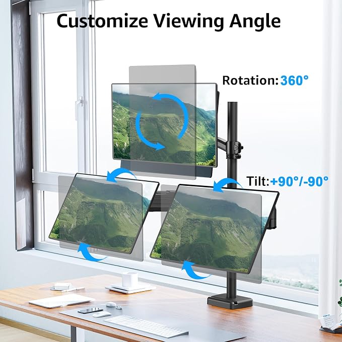 MOUNTUP Triple Monitor Mount Fits Max 32 Inch Screen, Holds 4.4-17.6lbs, 3 Monitors Desk Mount, Triple Monitor Stand for Desk, Adjutable Arm with Clamp/Grommet Base, for Home Office, 75x75/100x100 - Image 3