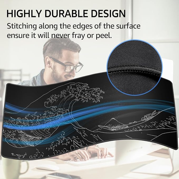 KTRIO Large Gaming Mouse Pad, Desk Mat, 31.5 x 15.7 in, Kanagawa Wave, XXL | Smooth Micro-Weave Surface, Artistic Pattern Design, Non-Slip Rubber Base, Durable Stitched Edges, Office & Home Use - Image 3