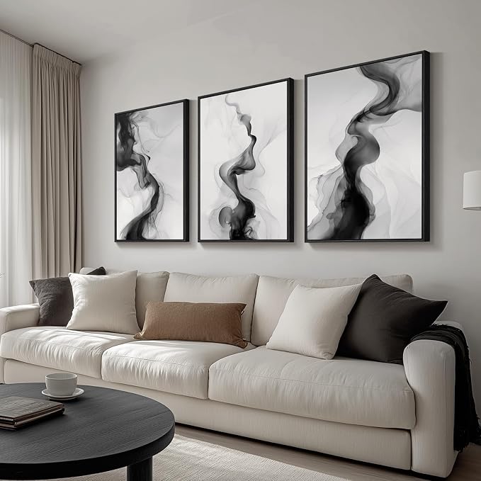 Large Framed Black and White Abstract Wall Art for Living Room, Set of 3 Modern Canvas Prints Paintings Artwork for Walls -Minimalist Pictures for Hallway, Bedroom, Office Wall Decor 24x36 In - Image 2